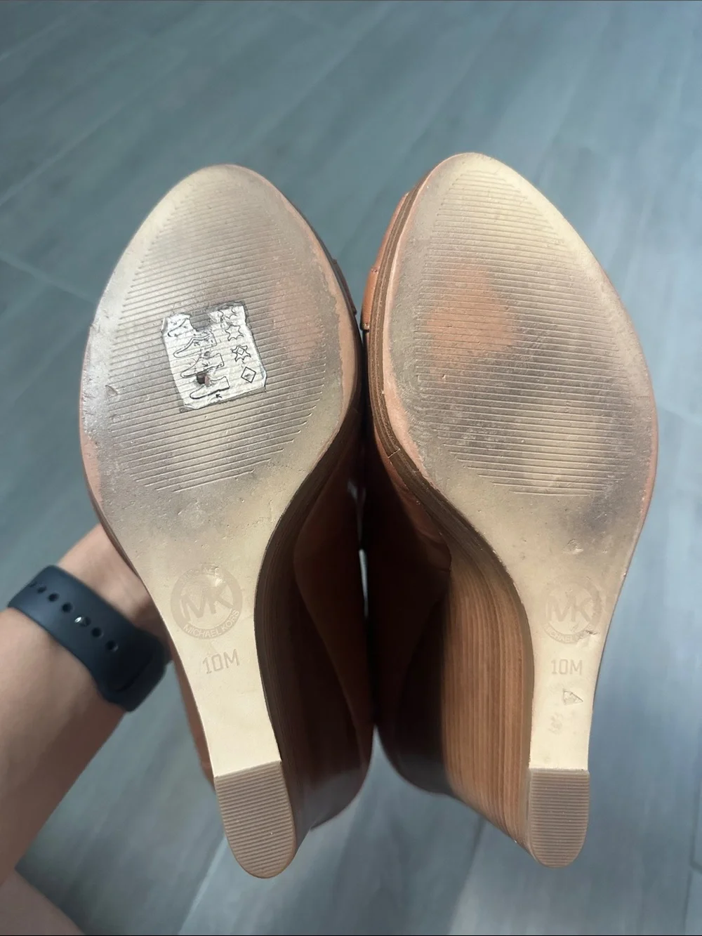 Michael Kors Cognac Leather Peep-Toe Platform Pumps with Gold Emblem